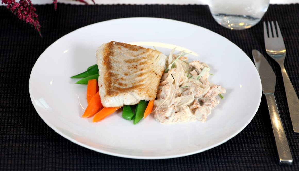 Pan-Fried Norwegian Saithe with Mushroom Stew