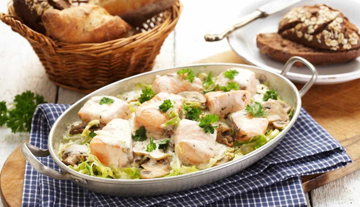 Stew with Norwegian Salmon, Mushrooms and Cabbage