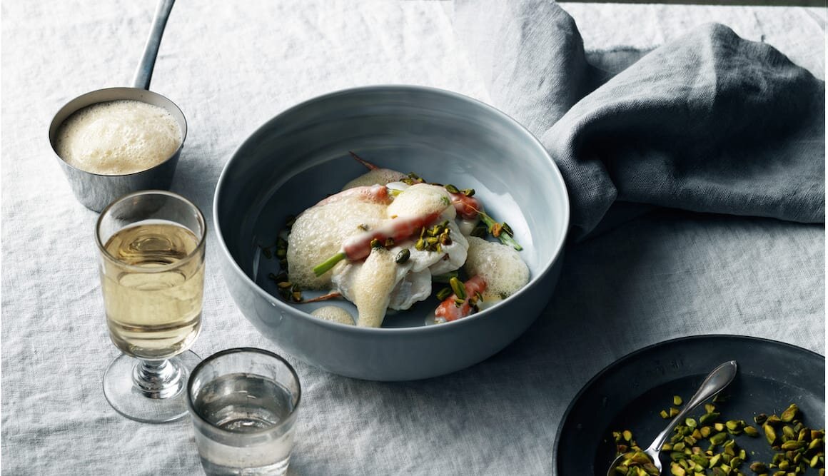 Poached Skrei with Stewed Carrots and Orange Butter Sauce