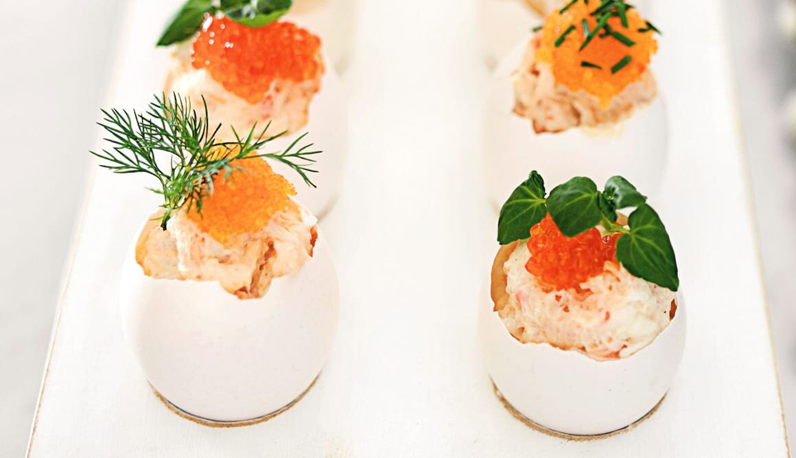 Easter eggs with cod, salmon and crab mousse