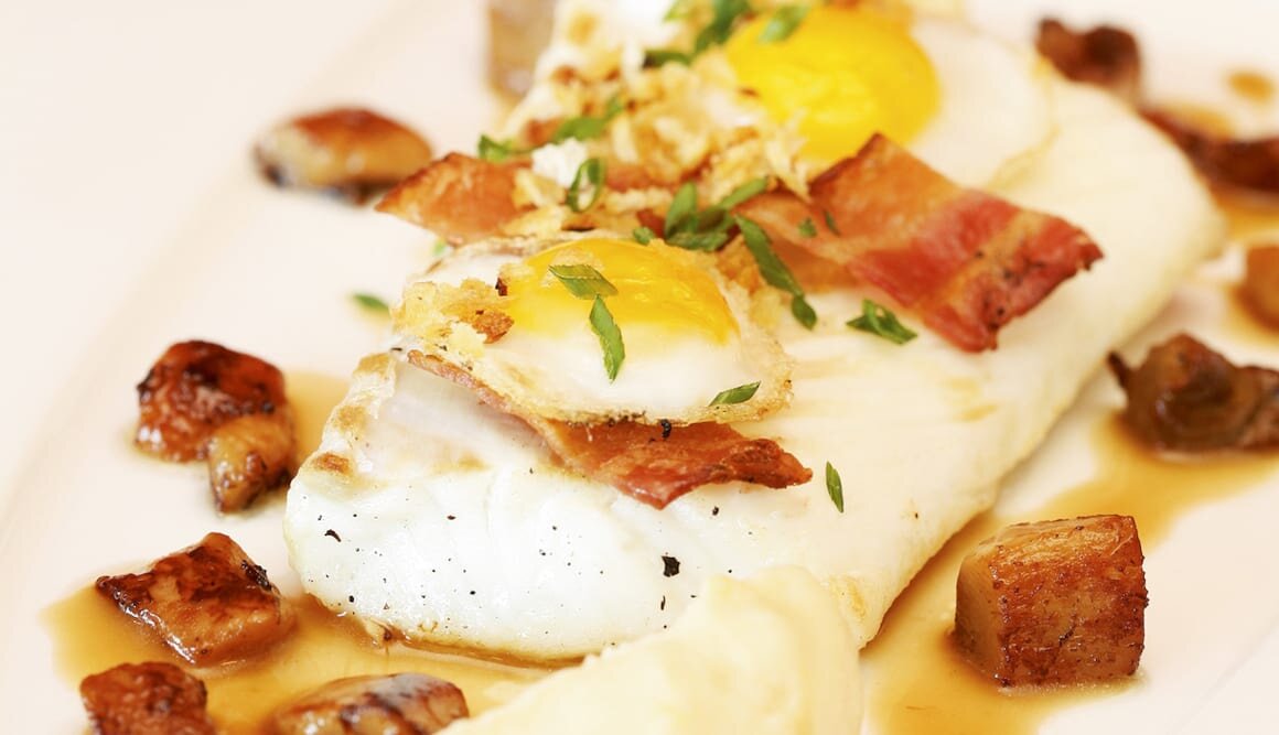 Skrei with Bacon, Egg and Lemon and Onion Cream Sauce