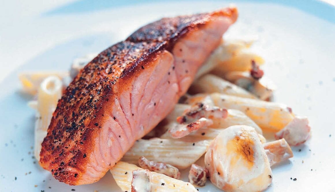 Pepper Seared Norwegian Salmon with Mushroom Penne