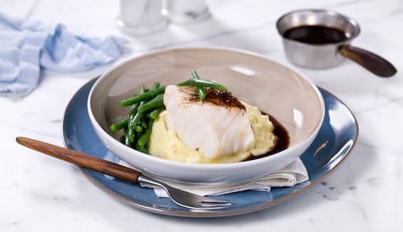 Skrei with Garlic Potato Purée and Red Wine Gravy