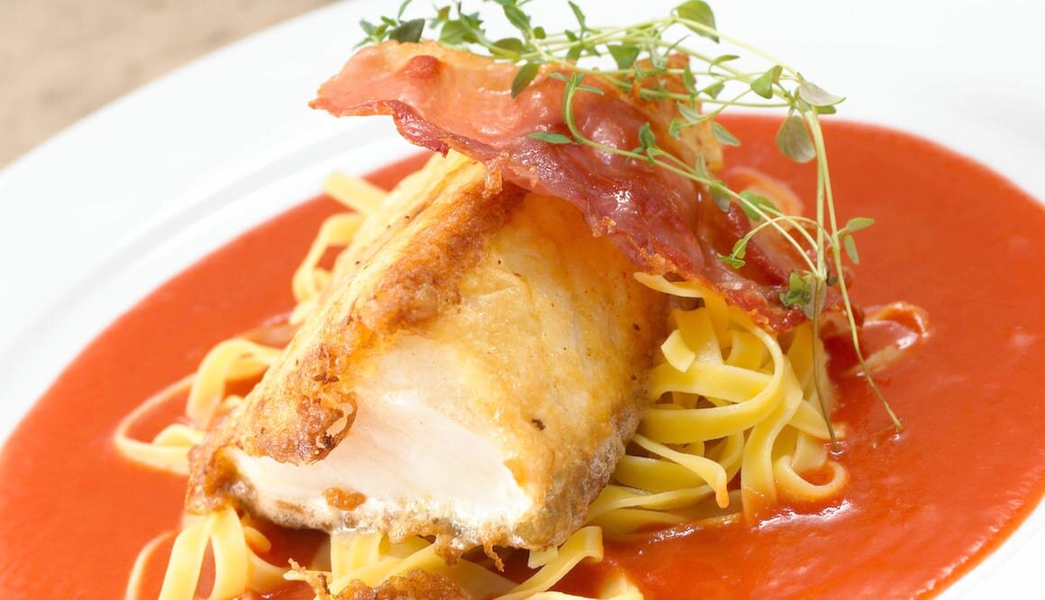 Pan-Fried Skrei with Serrano Ham, Tomato Sauce and Pasta