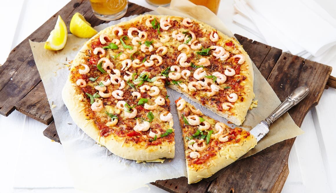 Pizza with Norwegian Prawns