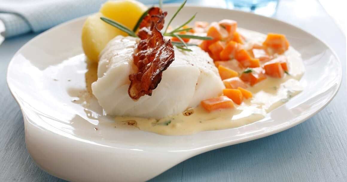 Poached Norwegian Cod with Carrot Stew and Bacon | Seafood from Norway