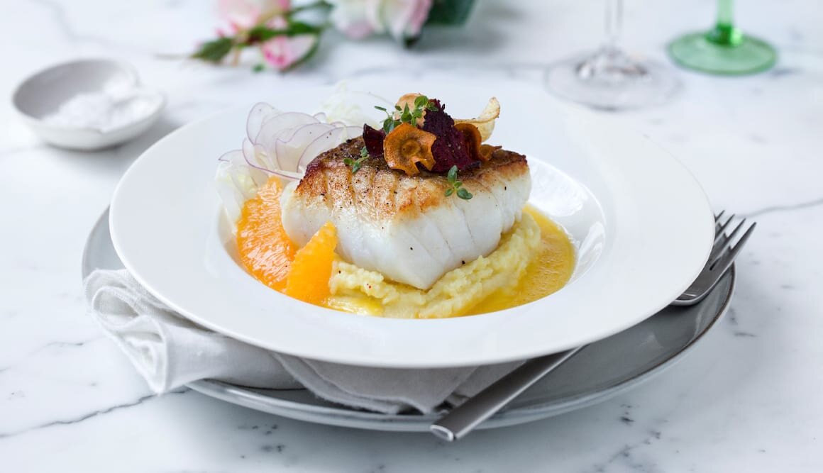 Pan-Fried Skrei with Orange Sauce and Mashed Potatoes
