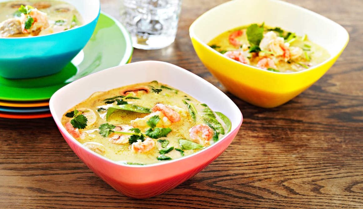 Green Curry Soup with Norwegian Cod and Prawns