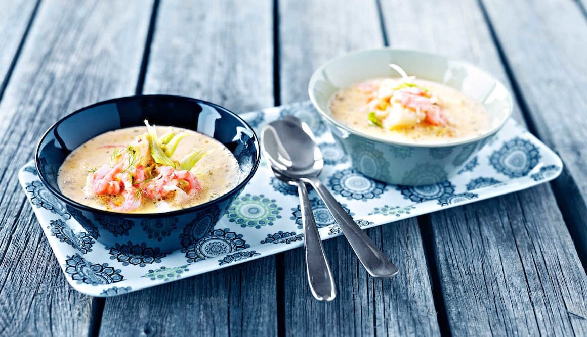 Norwegian Cod Soup with Fennel and Prawns