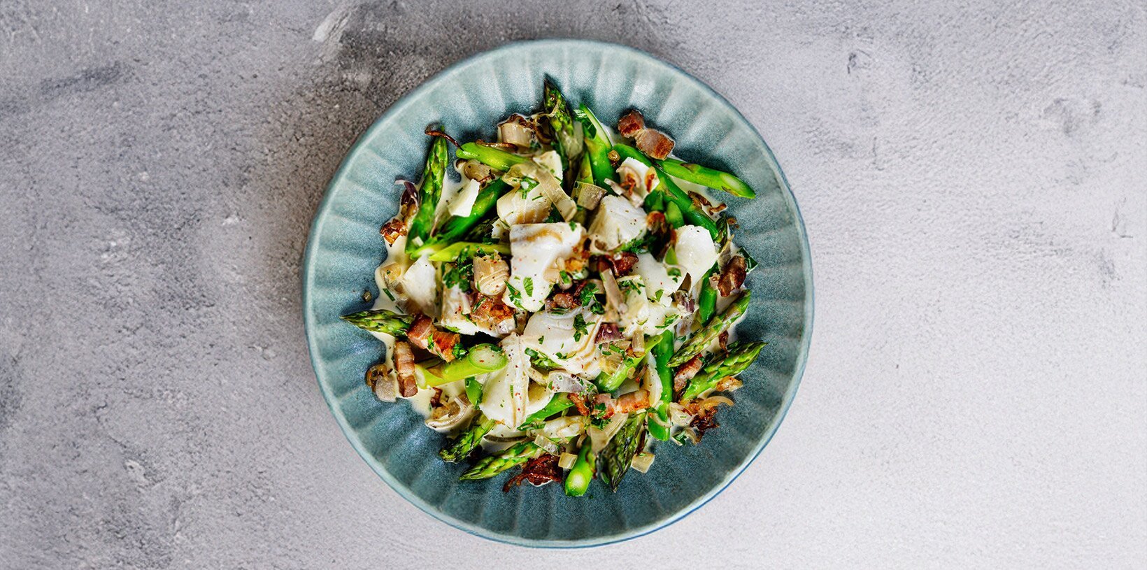Norwegian Stockfish with asparagus, smoked bacon and dry Martini