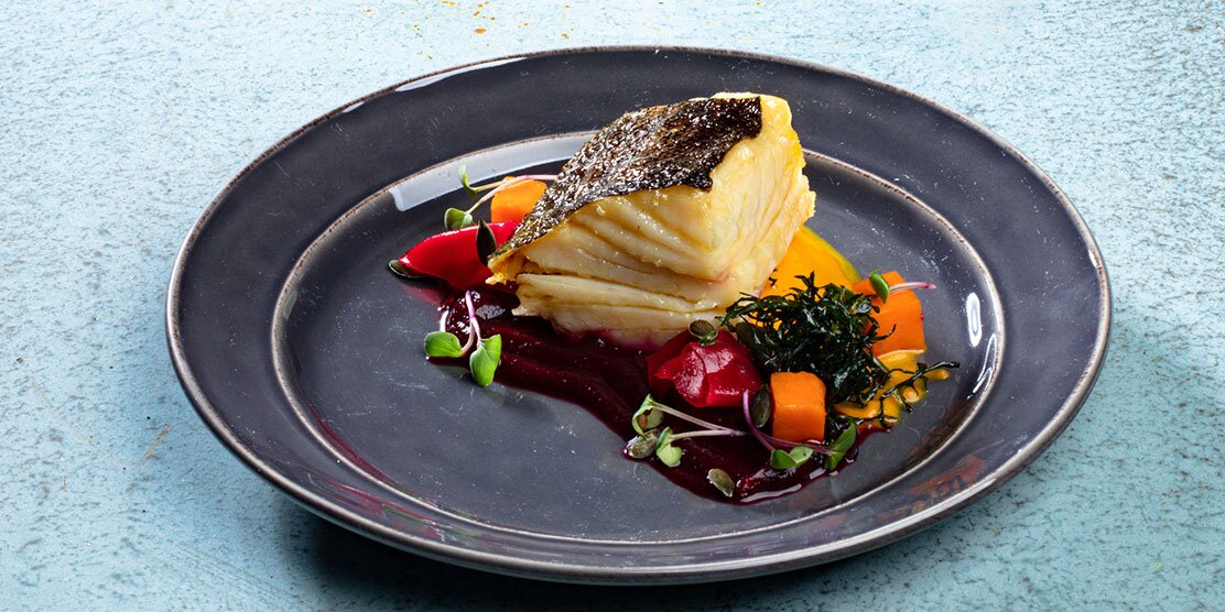Roasted Norwegian Clipfish with purée of pumpkin and beetroot