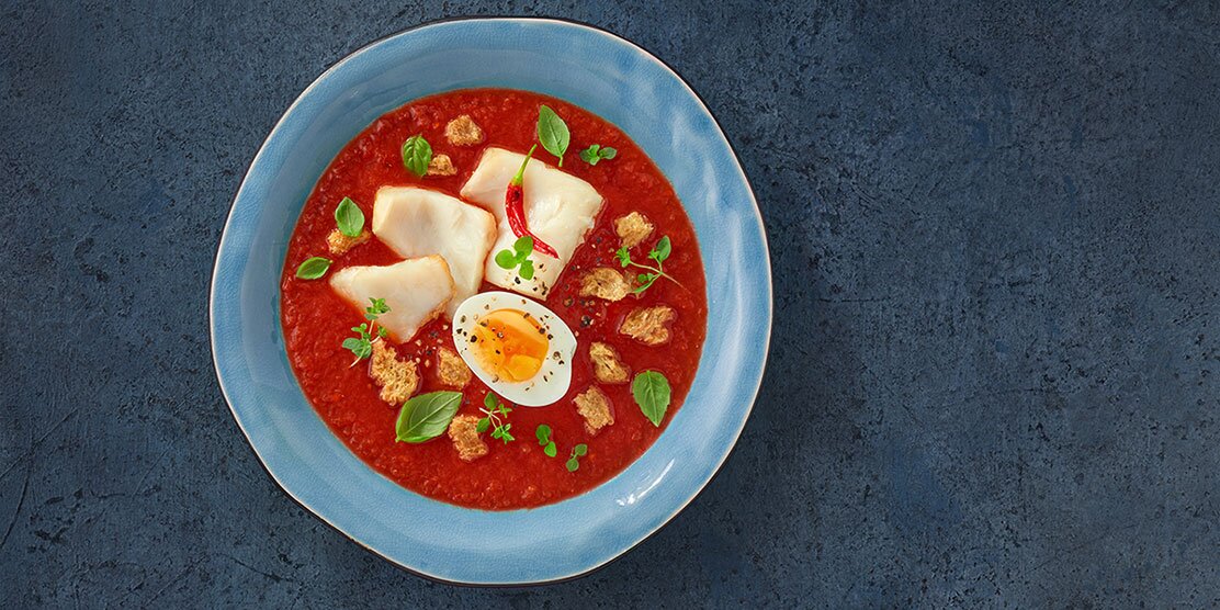 Spicy tomato soup with Norwegian clipfish