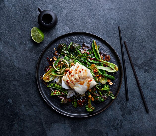 Norwegian cod with asian flavored greens