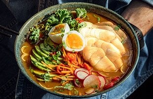 Norwegian cod with ramen, vegtables and egg