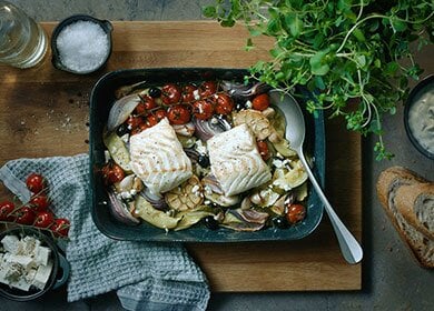 Norwegian cod with Greek flavors