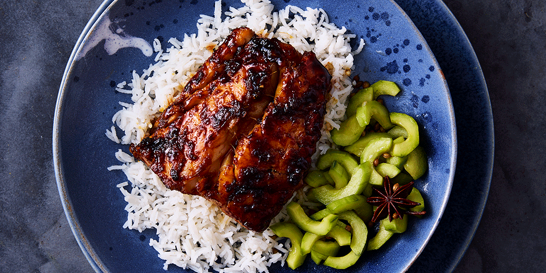 Sticky soy and ginger Norwegian cod with steamed rice and pickled ...