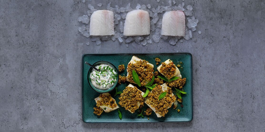 Baked Norwegian haddock with herb crust and tartare sauce