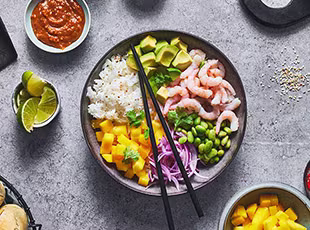 Poke Bowl with Prawns and Peanut Dressing
