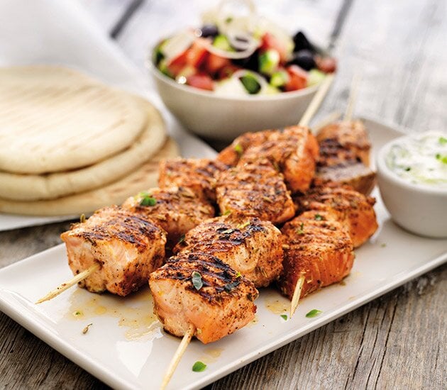 Norwegian Salmon Skewers with Greek Salad