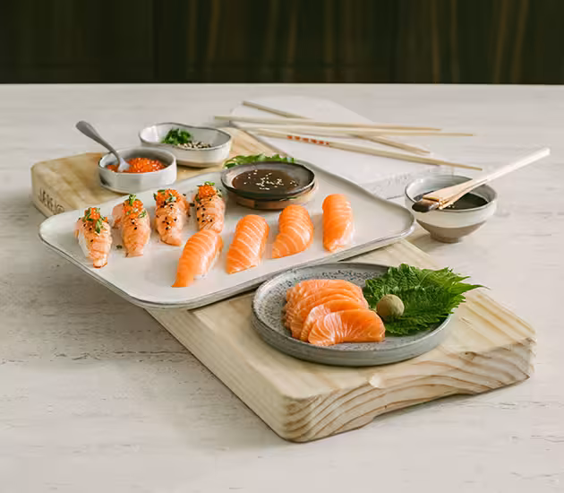 Nigiri and aburi nigiri with Norwegian salmon