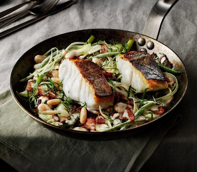 Skrei with Beans, Bacon and Fennel