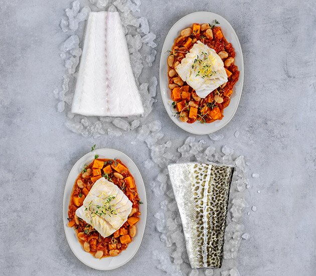 Skrei sautéed with beans, sweet potato and thyme