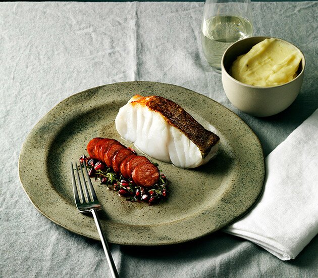 Oven-Baked Skrei with Chorizo and Potato Purée