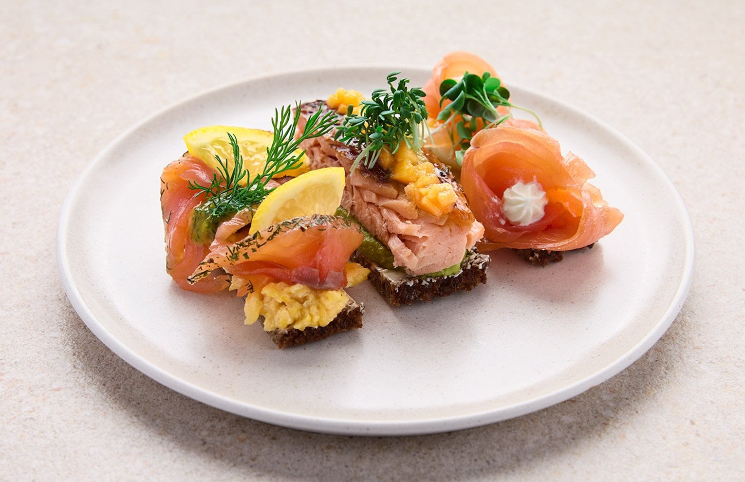 Three kinds of salmon on rye bread