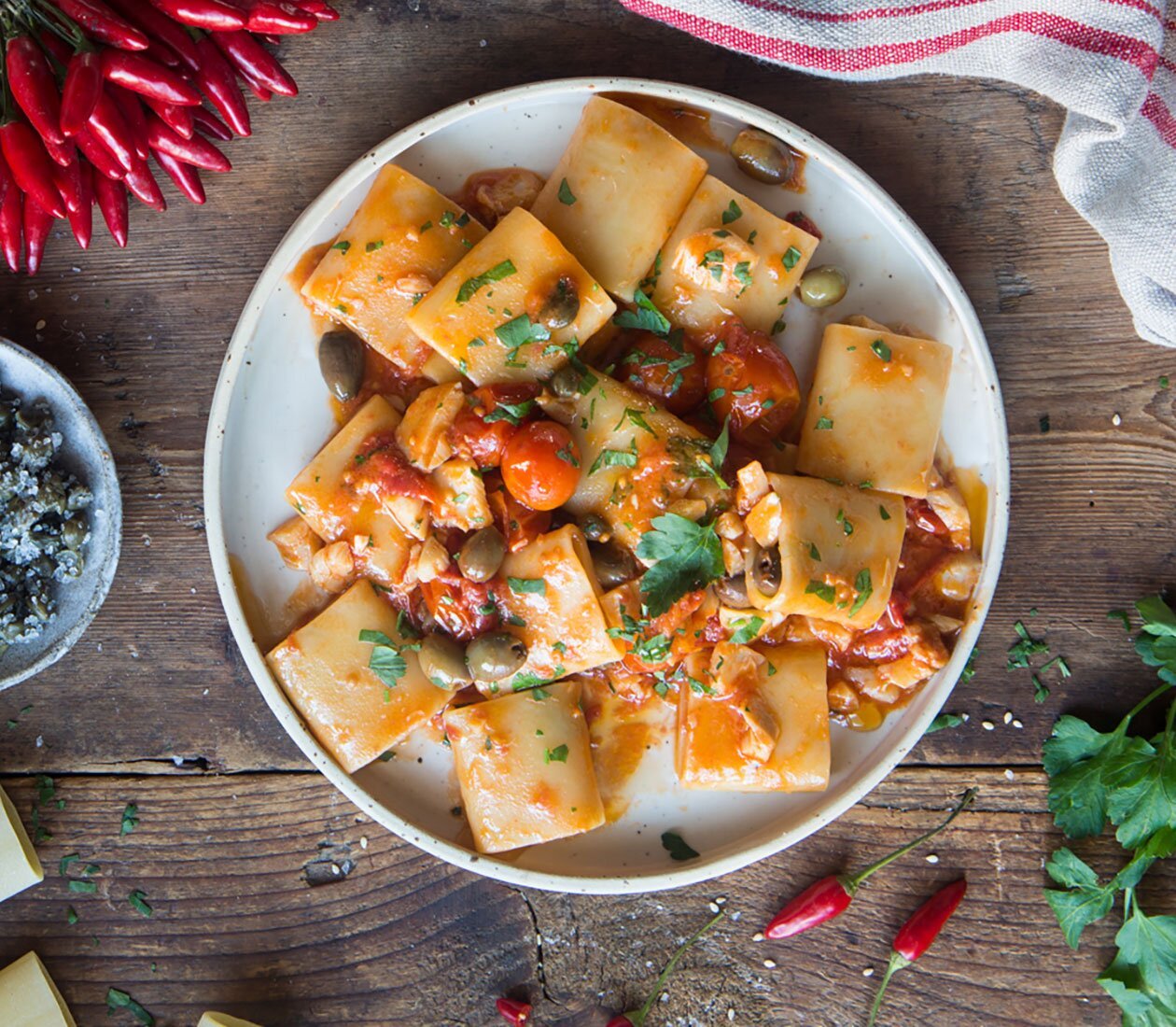 Pasta with Norwegian stockfish and puttanesca sauce